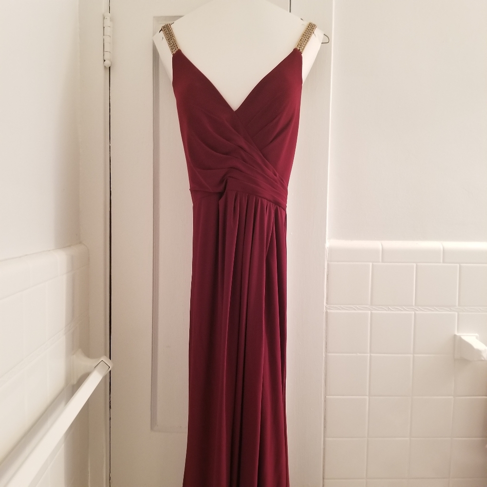 Faviana cranberry full length prom dress